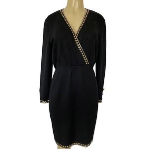 St John Evening Santana Knit Black Dress Paillette Long sleeve V Neck Sh…